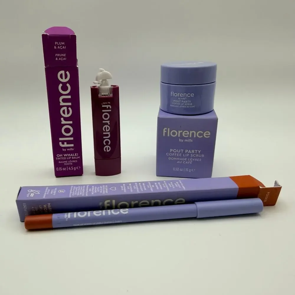 Florence by Mills 3 Piece Lip Set Tinted Balm Lip Liner Coffee Scrub